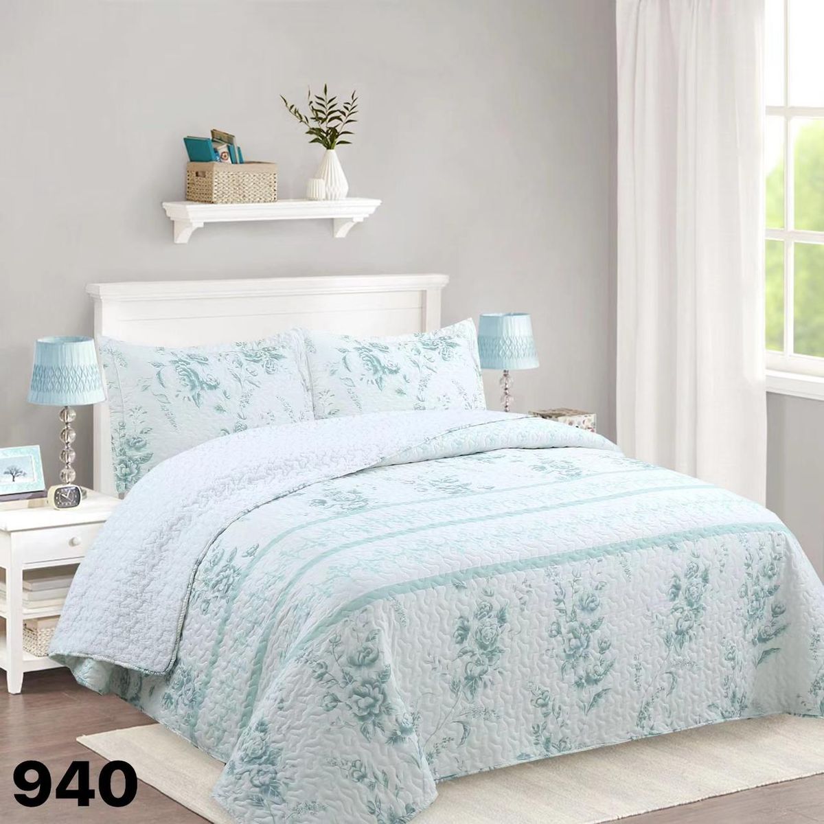 GENERICO - Cubrecama Quilt Sherpa 1.5 Plazas - Blanco Flores Verdes M940