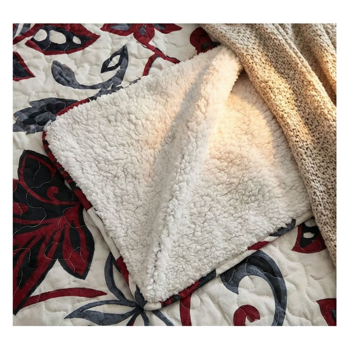 GENERICO - Cubrecama Sherpa King - Burdeo Hojas M908