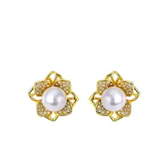 VANE COLLECTION - Aros mujer pegados perla en flor baño de oro y cristales