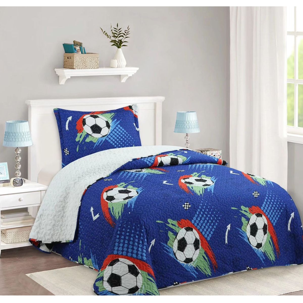 COMPRAPO - Cubrecama Quilt Infantil Sherpa 1.5 Pza. Modelo Fútbol Azul y Funda