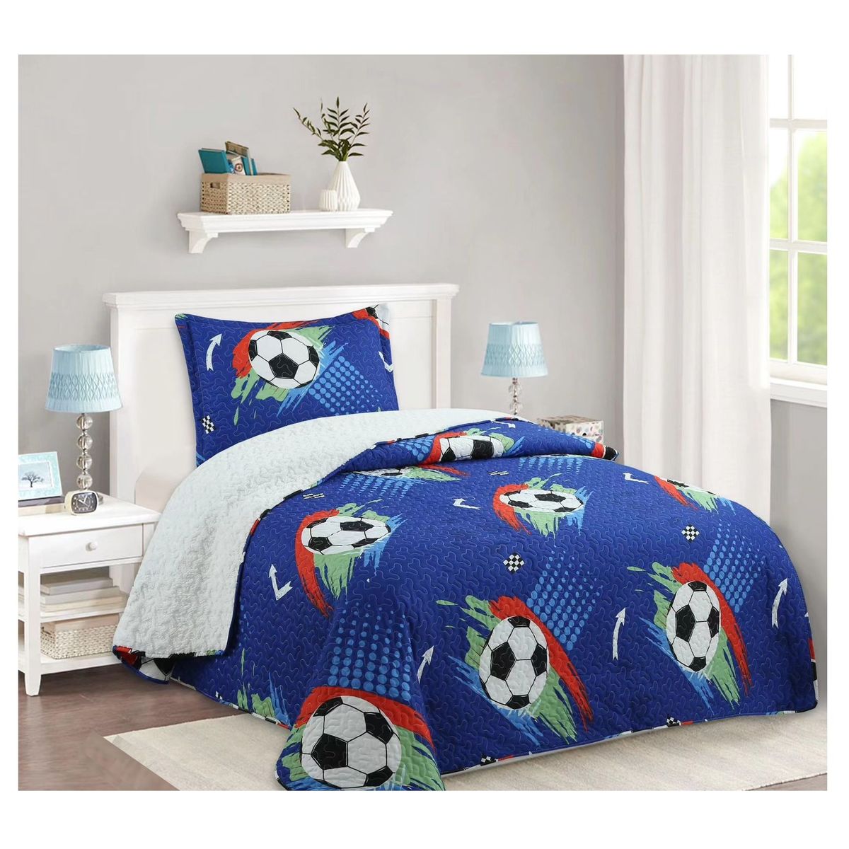 COMPRAPO - Cubrecama Quilt Infantil Sherpa 1.5 Pza. Modelo Fútbol Azul y Funda