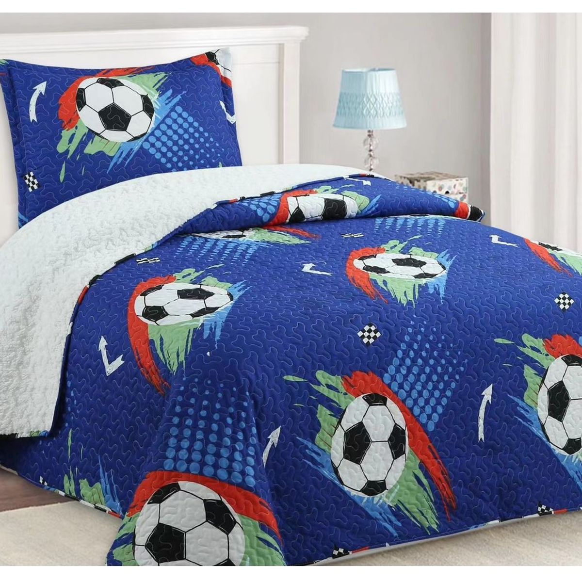 COMPRAPO - Cubrecama Quilt Infantil Sherpa 1.5 Pza. Modelo Fútbol Azul y Funda