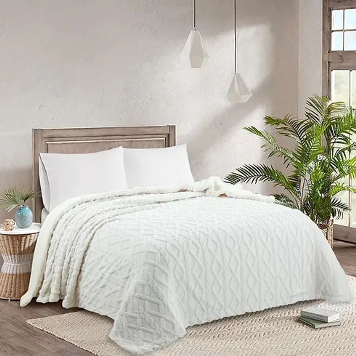 GENERICO - FRAZADA TEXTURIZADA CON CHIPORRO DELGADO UNICOLOR BLANCO 2 PLAZAS GS