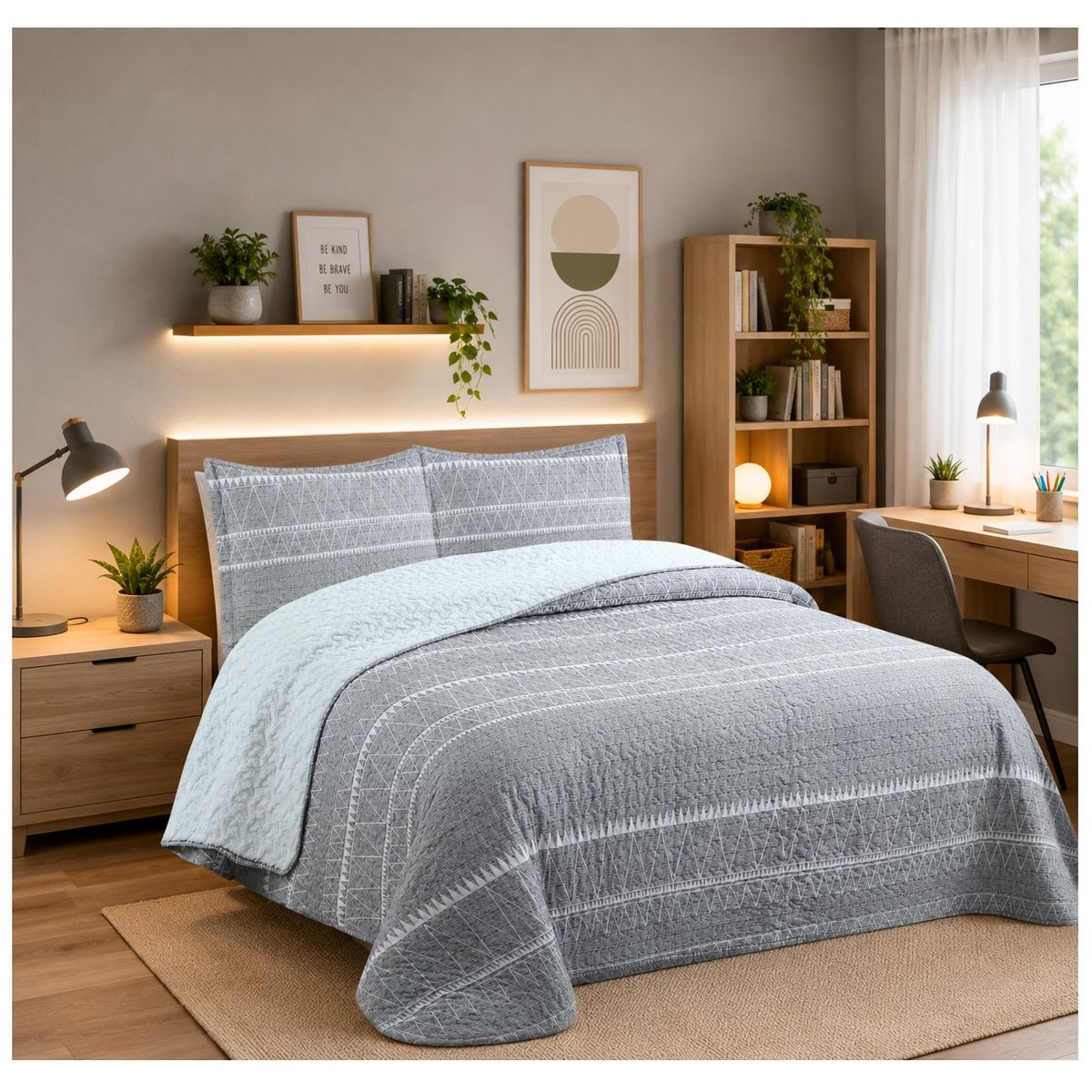 COMPRAPO - Cubrecama Quilt Juvenil Sherpa 2 Plazas Modelo Gris Etnic + 2 Fundas