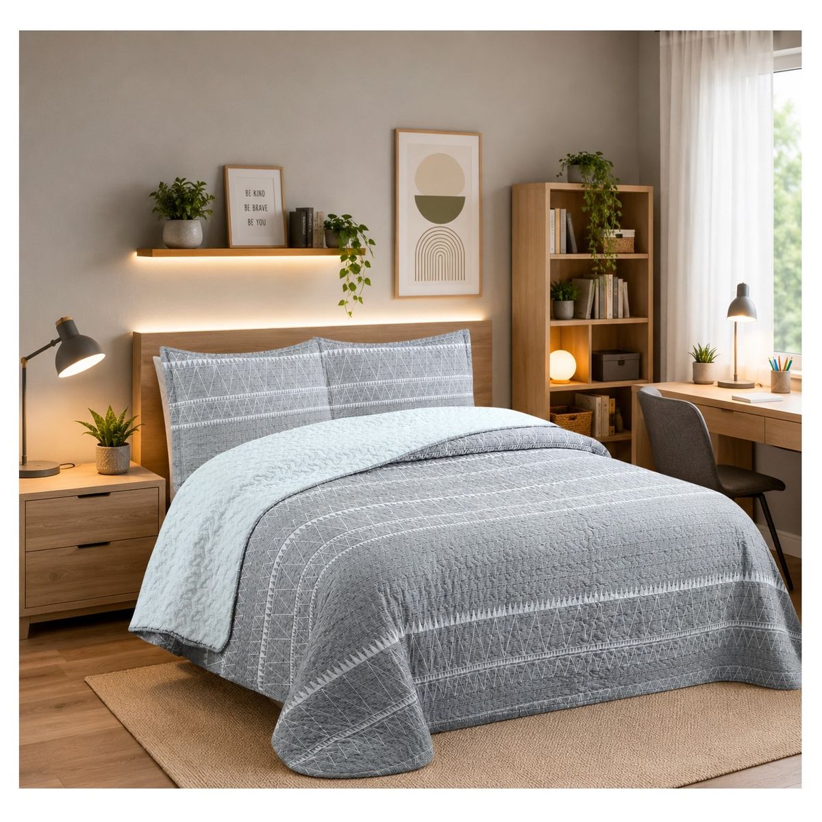 COMPRAPO - Cubrecama Quilt Juvenil Sherpa 2 Plazas Modelo Gris Etnic + 2 Fundas