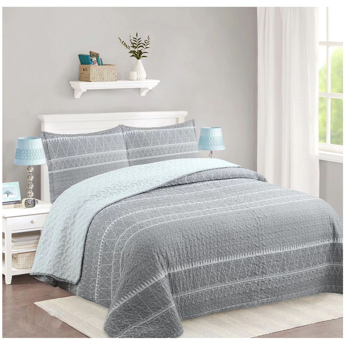 COMPRAPO - Cubrecama Quilt Juvenil Sherpa 2 Plazas Modelo Gris Etnic + 2 Fundas