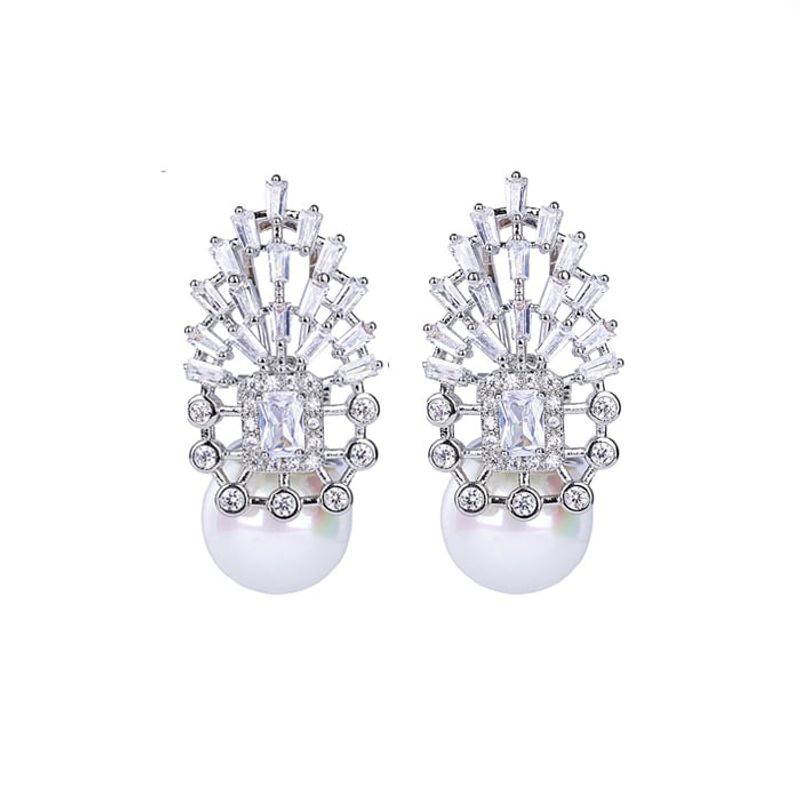 VANE COLLECTION - Aros mujer pegados baño de rodio perla circón baguette broche omega