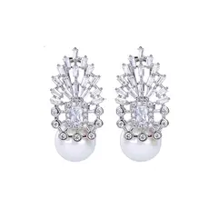 VANE COLLECTION - Aros para mujer pegados novia baño de rodio perla circón baguette broche omega