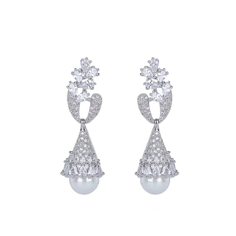 VANE COLLECTION - Aros mujer colgantes elegantes baño rodio perla y circones baguette