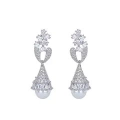 VANE COLLECTION - Aros mujer colgantes elegantes baño rodio perla y circones baguette