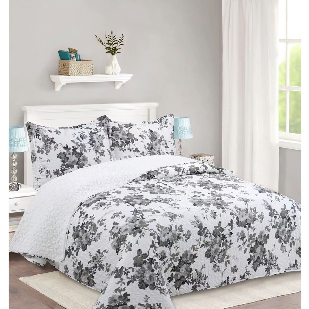 COMPRAPO - Cubrecama Quilt Sherpa 1.5 Pza. Mod. Flower Gray Funda 50x70 Cm