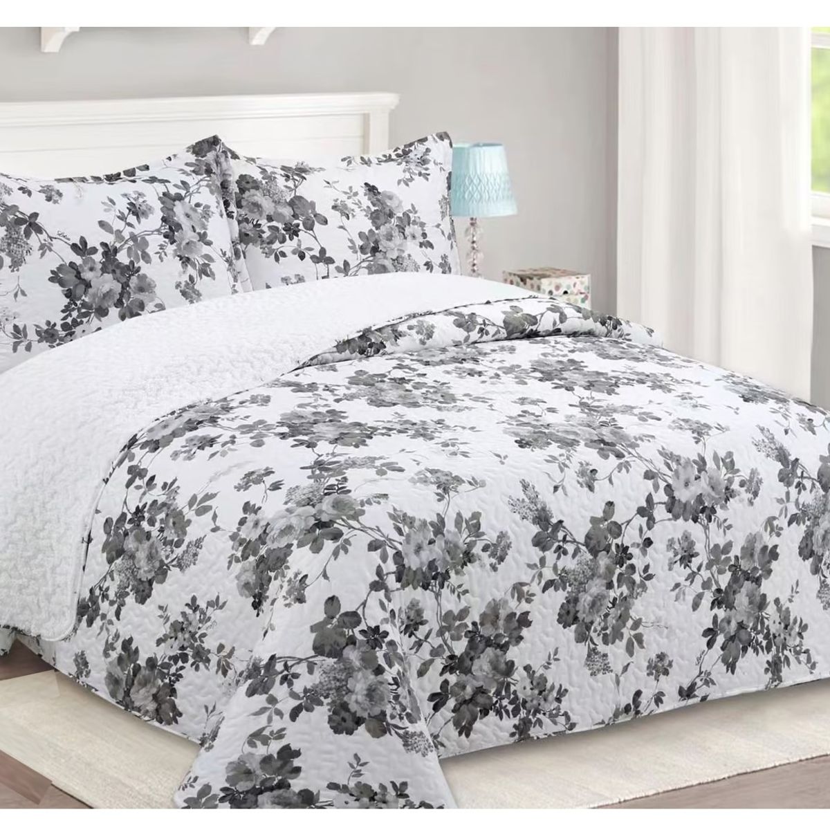 COMPRAPO - Cubrecama Quilt Sherpa 1.5 Pza. Mod. Flower Gray Funda 50x70 Cm