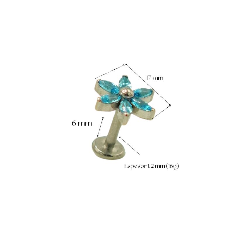 ELBAULDEJUMA - Piercing Labret 6mm Flor Zircon Azul Titanio Astm F136 G23