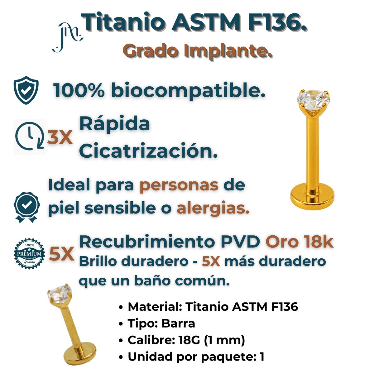 ELBAULDEJUMA - Piercing Labret Punto De Luz Titanio Astm F136 Chapado Oro