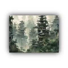 GENERICO - Pintura China De Una Ciudad En Tonos Oscuros Y Simbióticos 120x80cm
