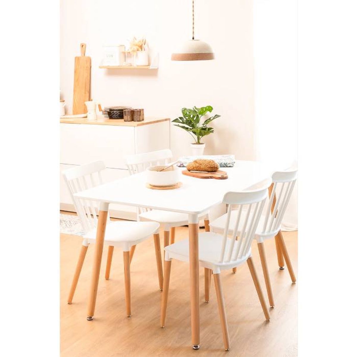 MOAD - Comedor 4P Windsor Mesa Rectangular Blanca + Sillas windsor blancas