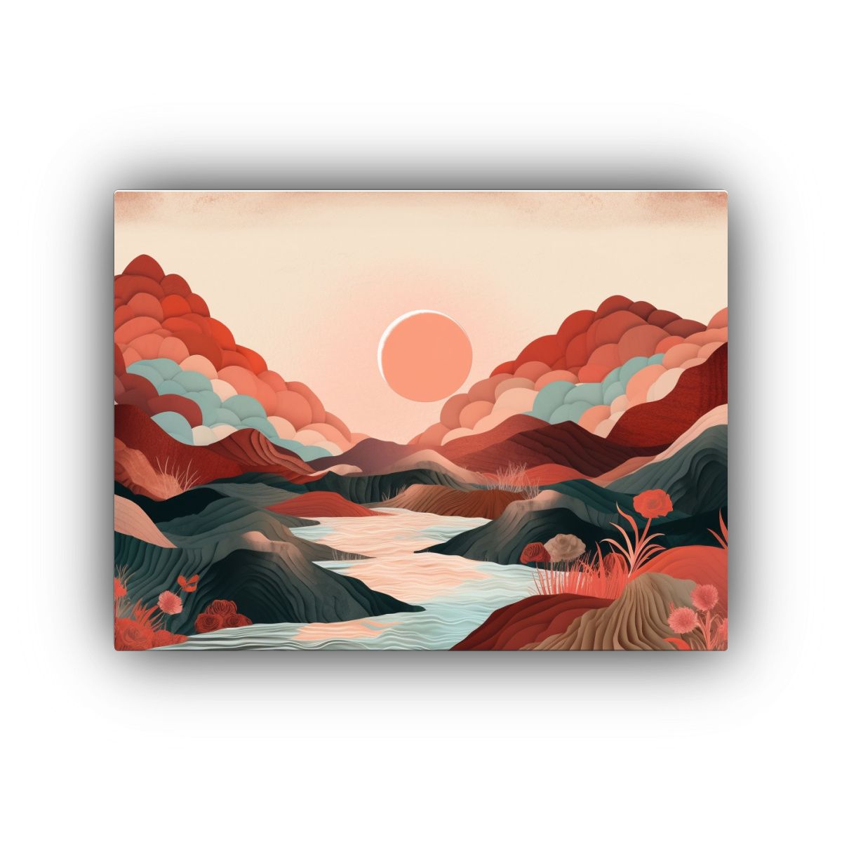 GENERICO - Cuadro Clásico De Montañas Y Valle Con Sol Pintura Decora 120x80cm