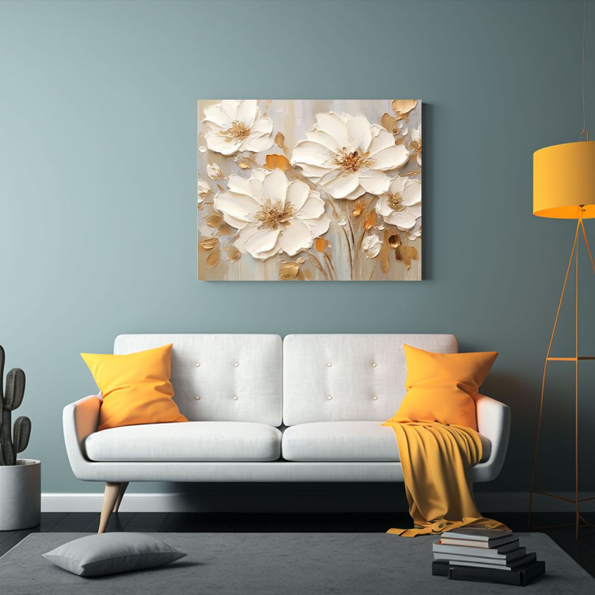 GENERICO - Pintura Al óleo De Flores Blancas Y Doradas Para Decorar Co 75x50cm