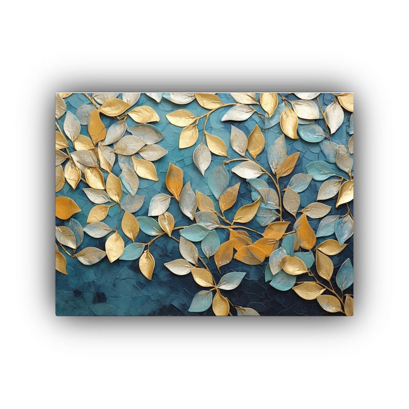 GENERICO - Cuadro Moderno De Hojas Doradas Azul Gris Y Dorado Para Deco 120x80cm