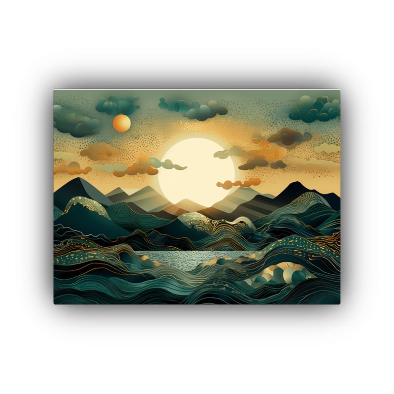 GENERICO - Pintura De Paisaje Dorado Y Verde Con Montañas Y Mar Cuadr 120x80cm