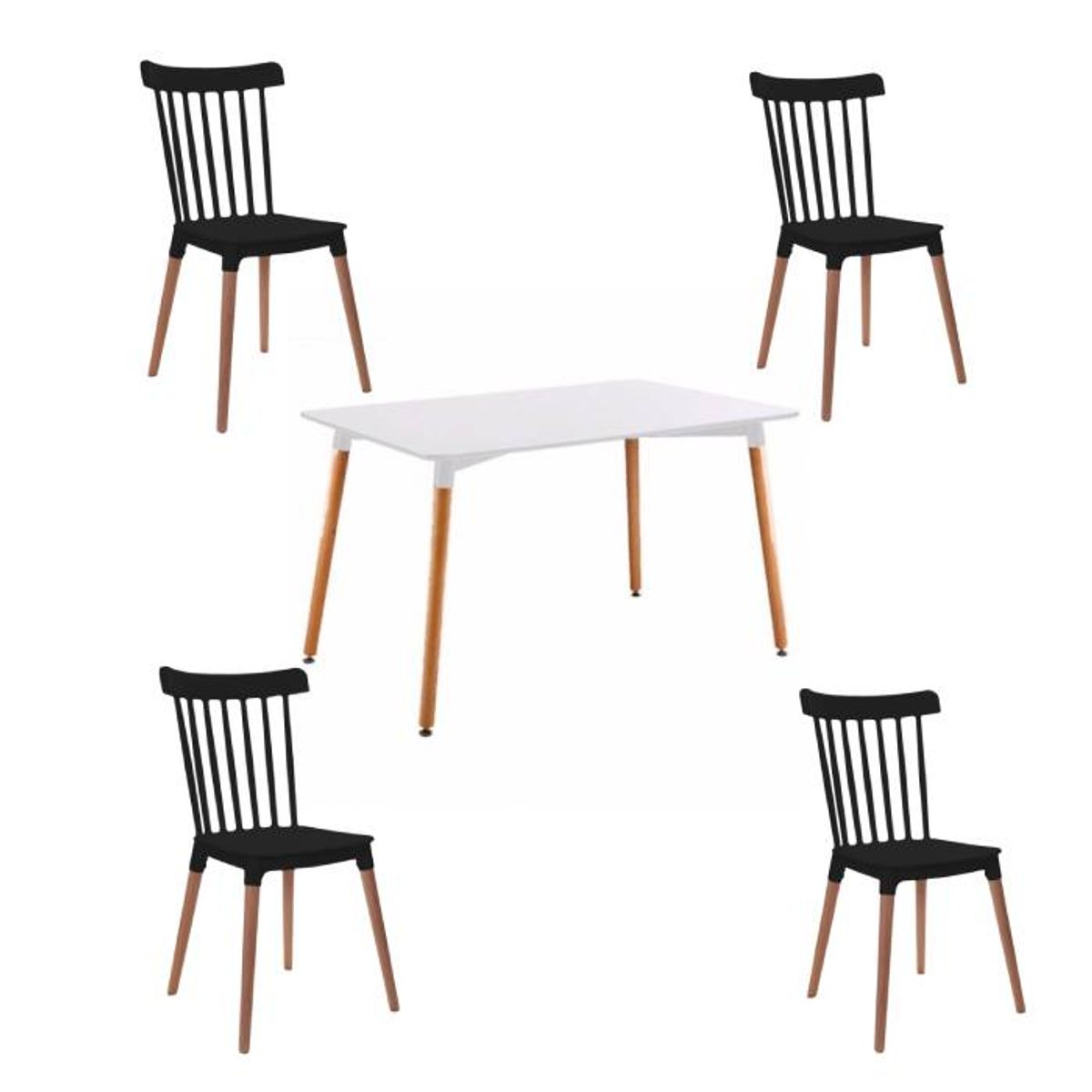 MOAD - Comedor 4P Windsor Mesa Rectangular Blanca + Sillas windsor negras