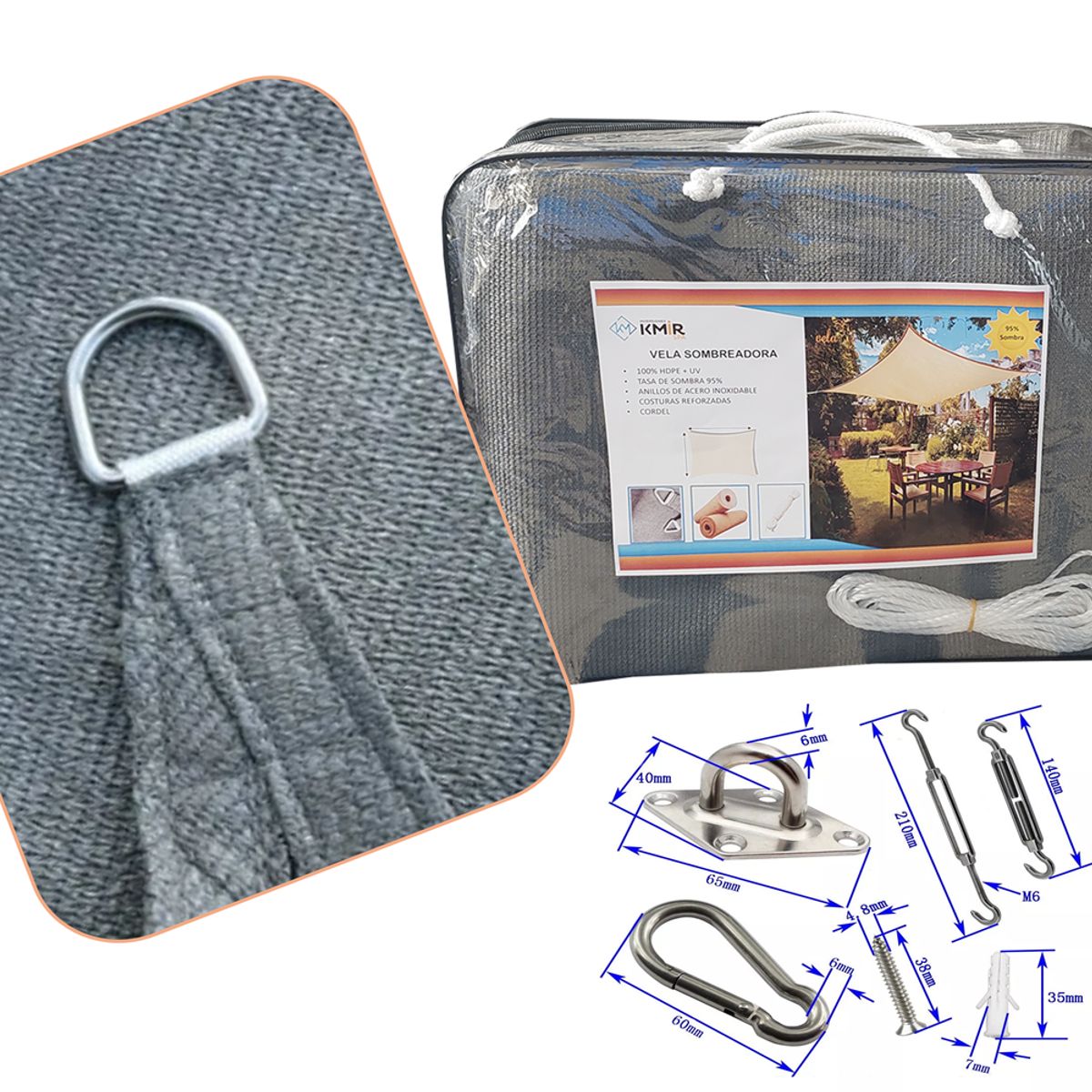 GENERICO - Vela Sombreadora 4x8 HDPE Rectangular Gris Sombra 95 + KIT