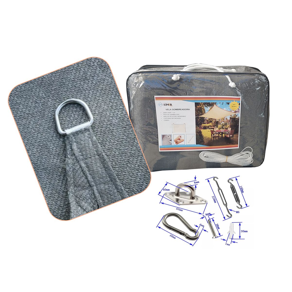 GENERICO - Vela Sombreadora 4x8 HDPE Rectangular Gris Sombra 95 + KIT