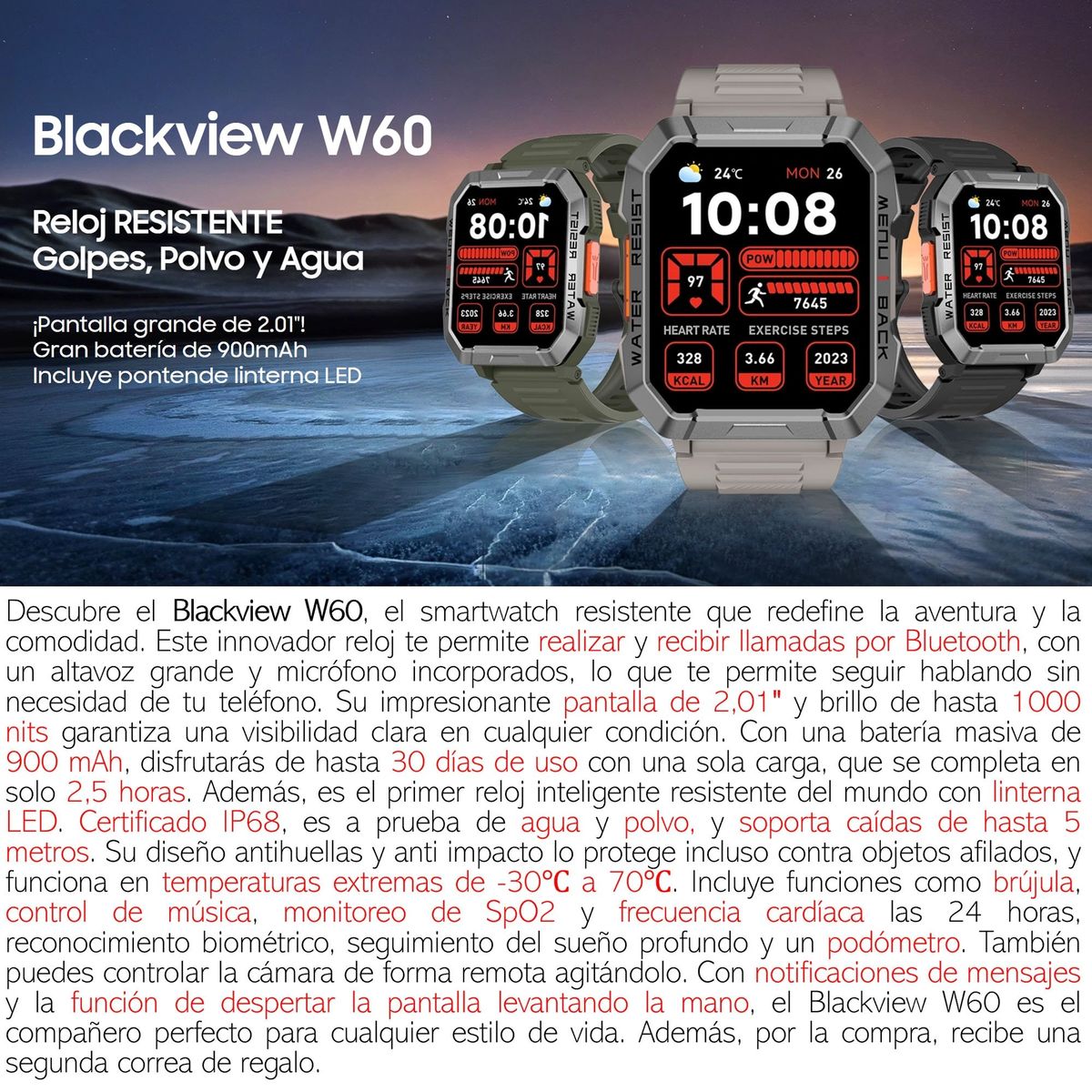 BLACKVIEW - Blackview W60 - Resistente a Golpes Reloj Inteligente Smartwatch Band
