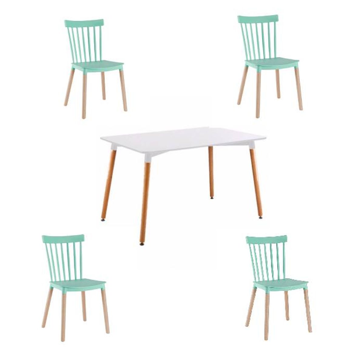 MOAD - Comedor 4P Windsor Mesa Rectangular Blanca + Sillas windsor menta