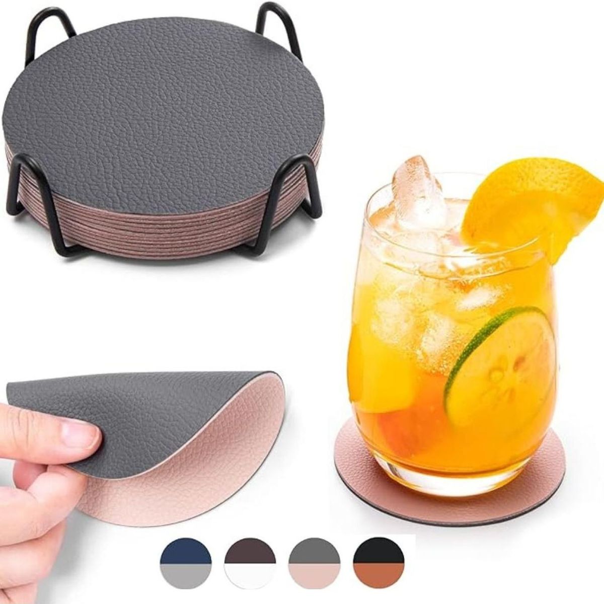 AZ AURAZEUS - Set 4 Posavasos Ecocuero Antimanchas Impermeables 2 en 1 AZ