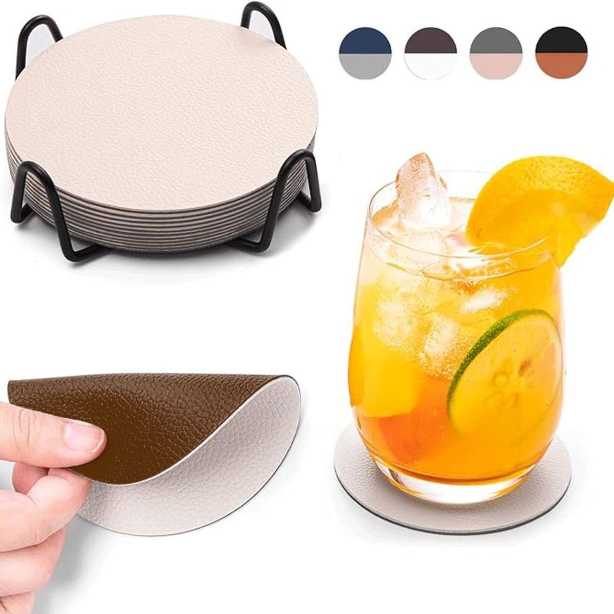 AZ AURAZEUS - Set 4 Posavasos Ecocuero Antimanchas Impermeables 2 en 1