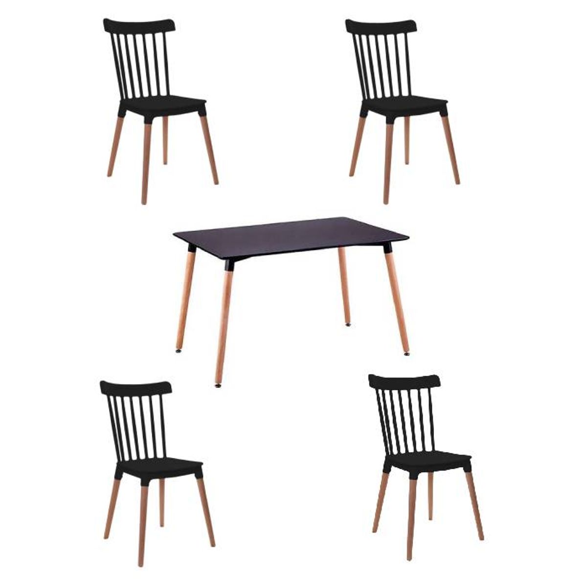 MOAD - Comedor 4P Windsor Mesa Rectangular Negra + Sillas windsor Negras