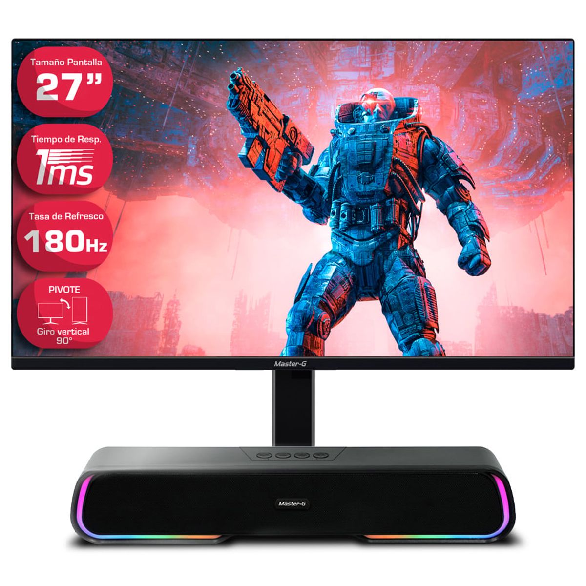 MASTER G - Pack Monitor Gamer 27" Full HD Plano 180Hz 1ms + Soundbar