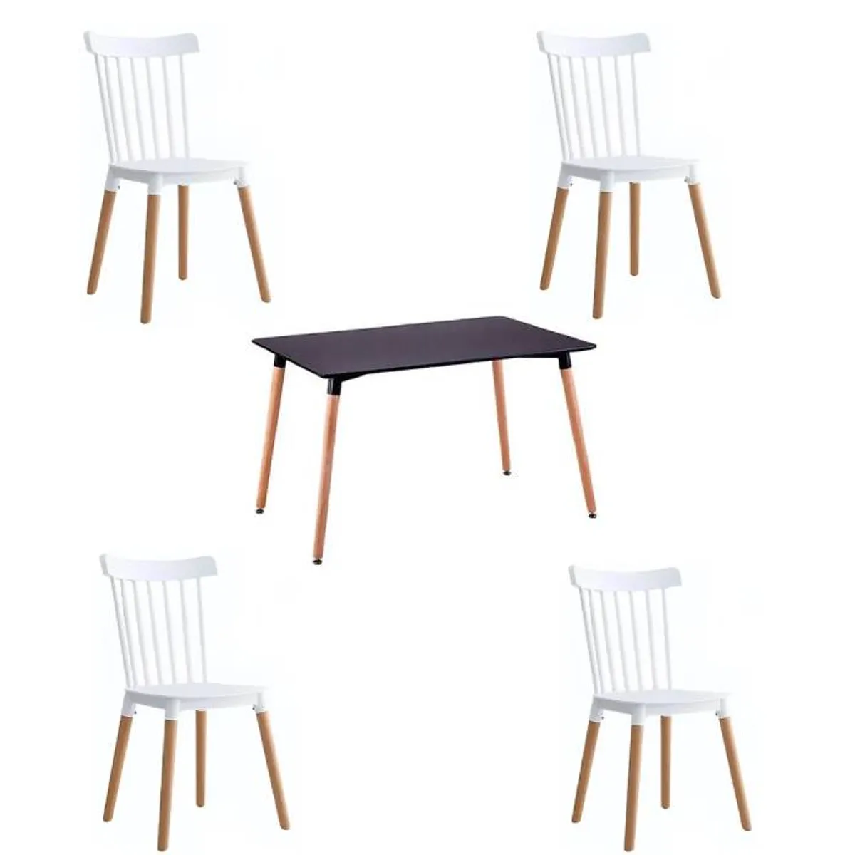 MOAD - Comedor 4P Windsor Mesa Rectangular Negra + Sillas windsor blancas