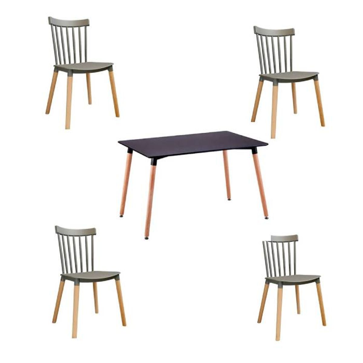 MOAD - Comedor 4P Windsor Mesa Rectangular Negra + Sillas windsor Grises