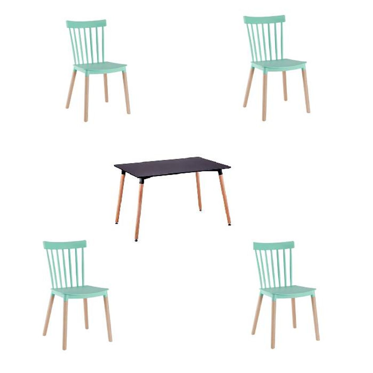 MOAD - Comedor 4P Windsor Mesa Rectangular Negra + Sillas windsor Menta