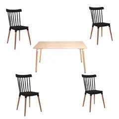 GENERICO - Comedor 4P Windsor Mesa Rectangular Madera + Sillas windsor Negras