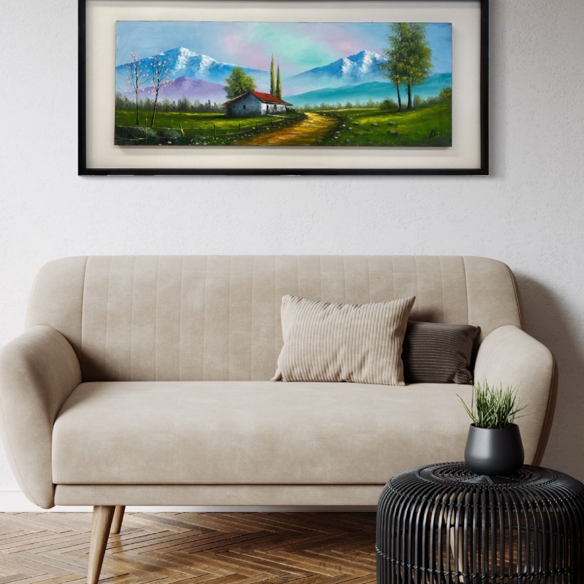 DEKAM DISEÑO - CUADRO PINTADO A MANO PAISAJE CASA DE CAMPO OLEO ENMARCADO 146X66 CMS