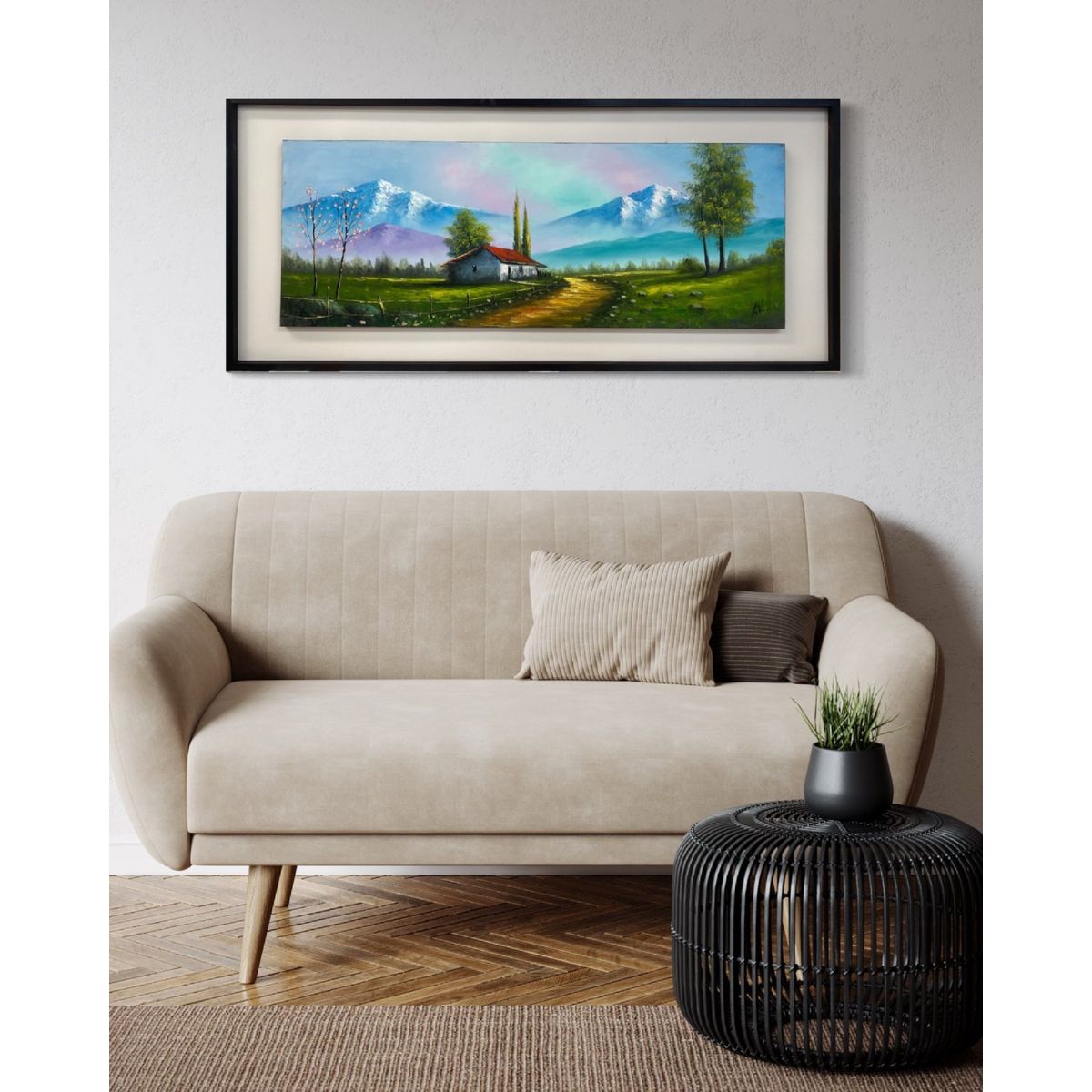 DEKAM DISEÑO - CUADRO PINTADO A MANO PAISAJE CASA DE CAMPO OLEO ENMARCADO 146X66 CMS