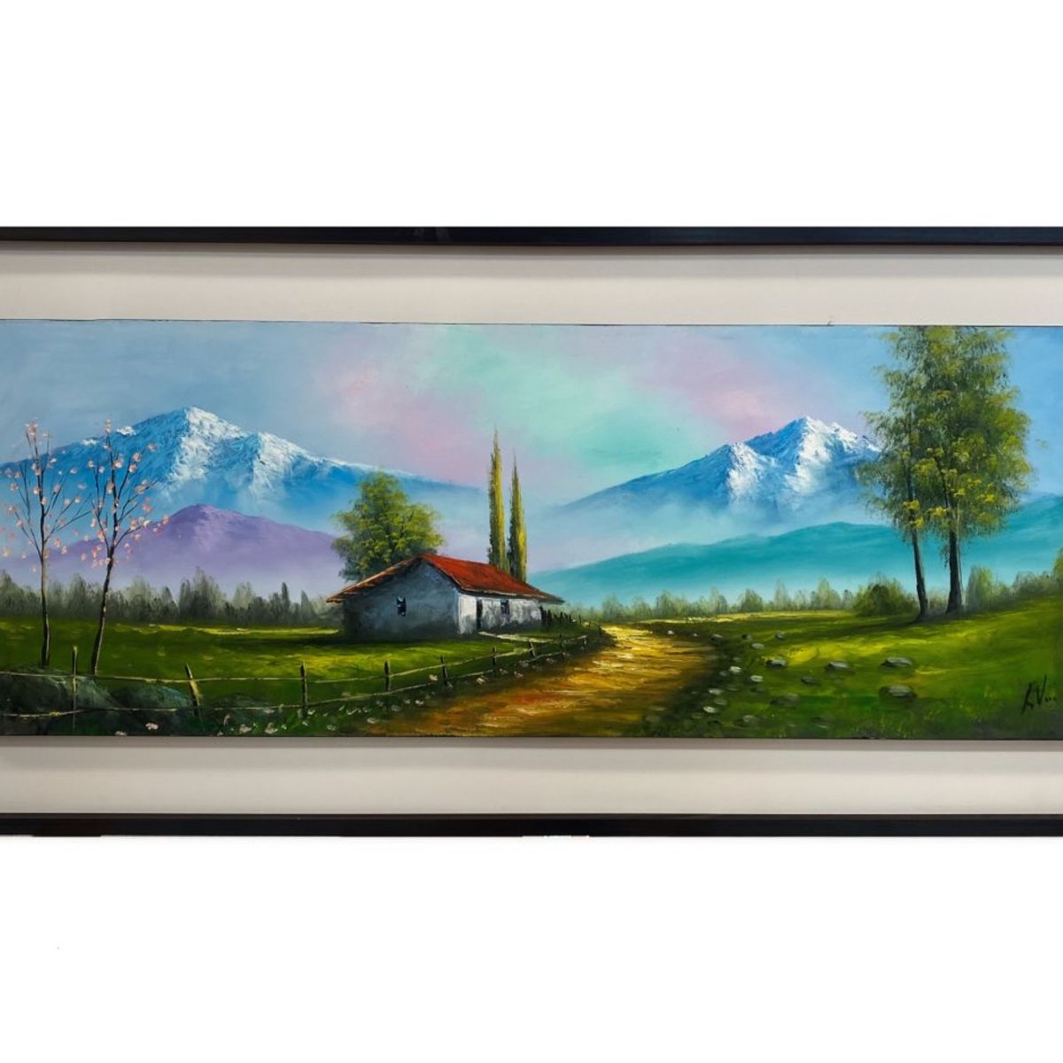 DEKAM DISEÑO - CUADRO PINTADO A MANO PAISAJE CASA DE CAMPO OLEO ENMARCADO 146X66 CMS