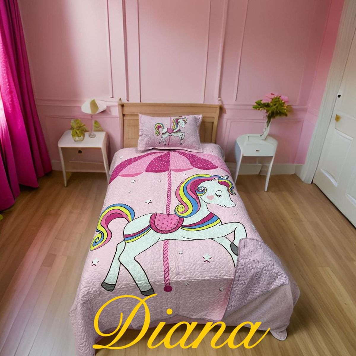 GENERICO - CUBRECAMA DE NIÑA 1.5 PLAZA ROSA UNICORNIO SOMBRILLA DELGADO QUILT
