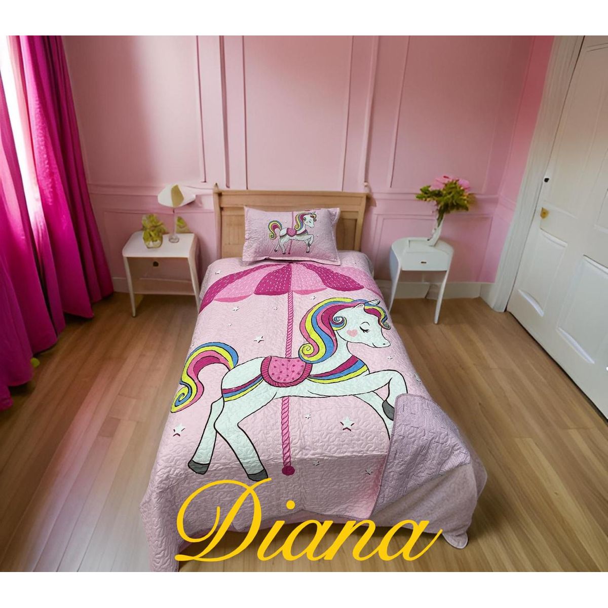 GENERICO - CUBRECAMA DE NIÑA 1.5 PLAZA ROSA UNICORNIO SOMBRILLA DELGADO QUILT