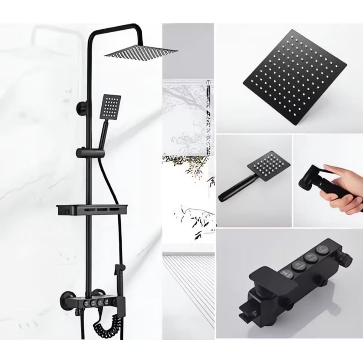 KUANGYE - Llave Monomando Ducha Columna Negra Push Boton