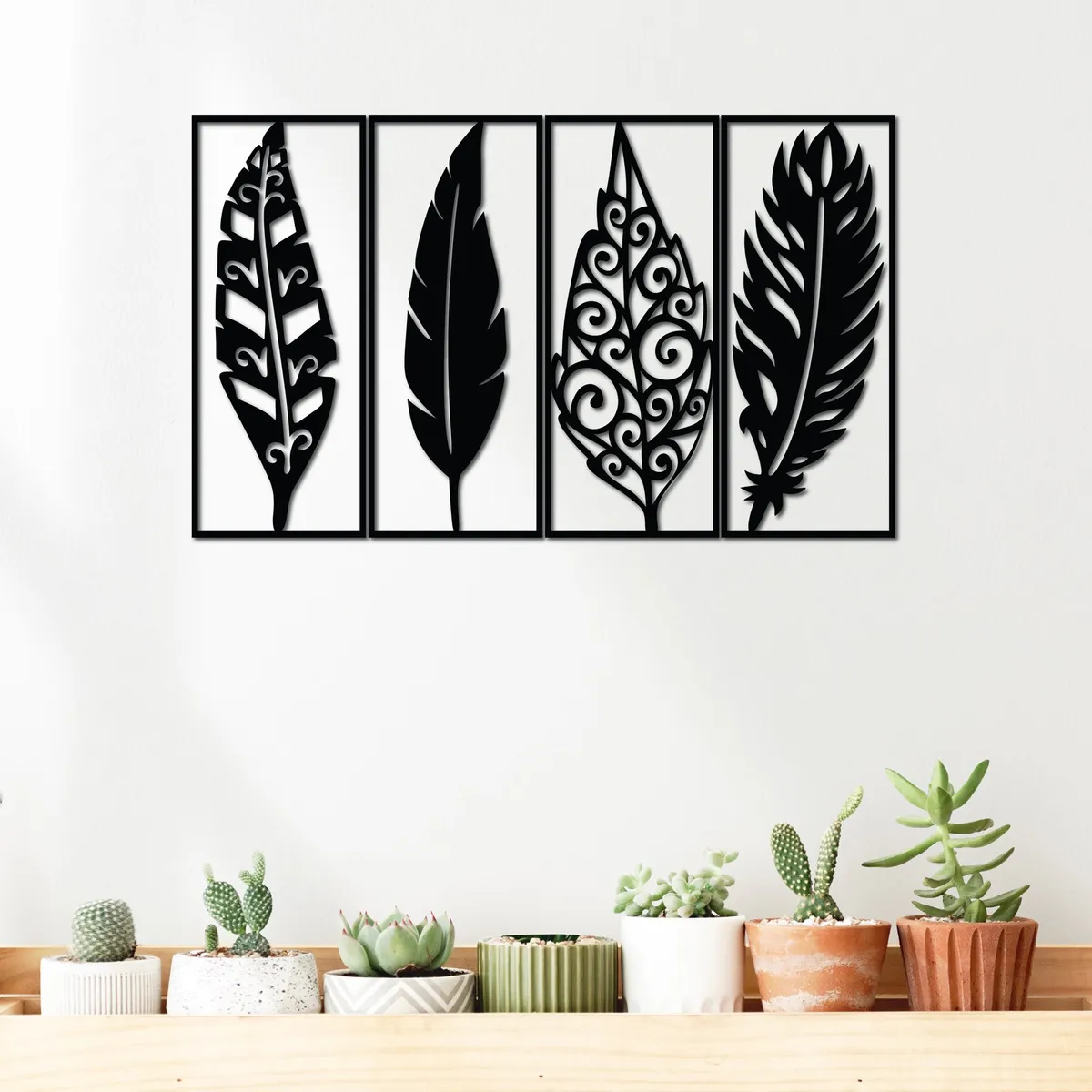 ELAB PROPIA - Set 4 Cuadros Decorativos Plumas 68x40cm Total - Madera Fun Republic