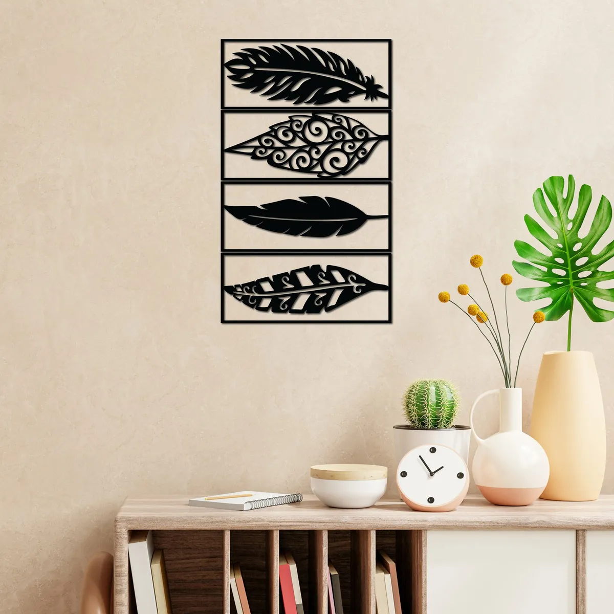 ELAB PROPIA - Set 4 Cuadros Decorativos Plumas 68x40cm Total - Madera Fun Republic