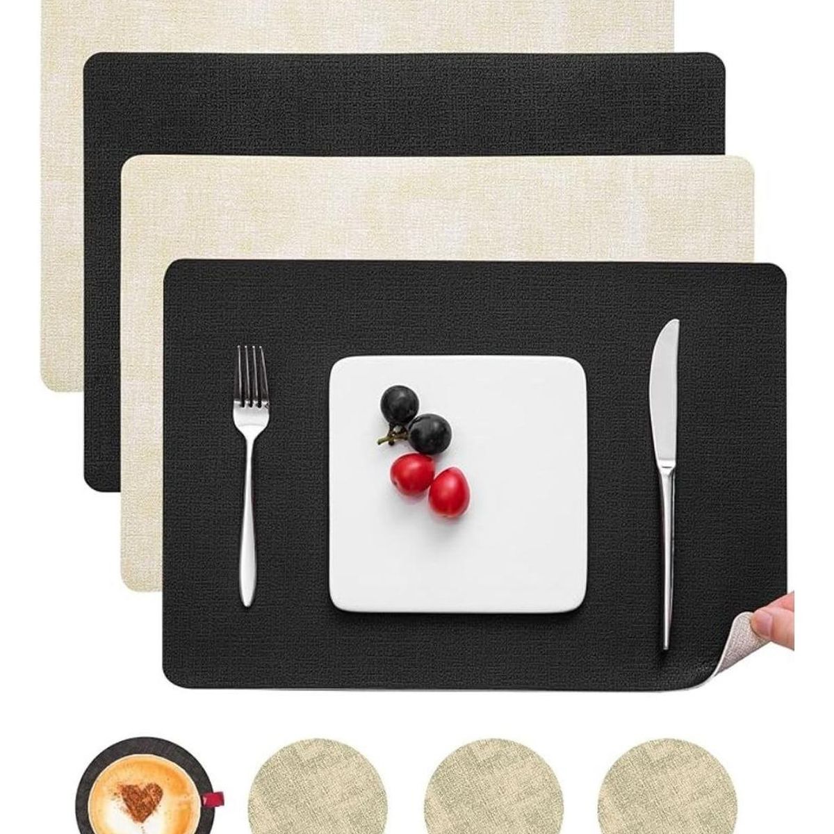 AZ AURAZEUS - Set 4 Individuales + 4 Posavasos Impermeables Antimanchas 2 en 1 AZ