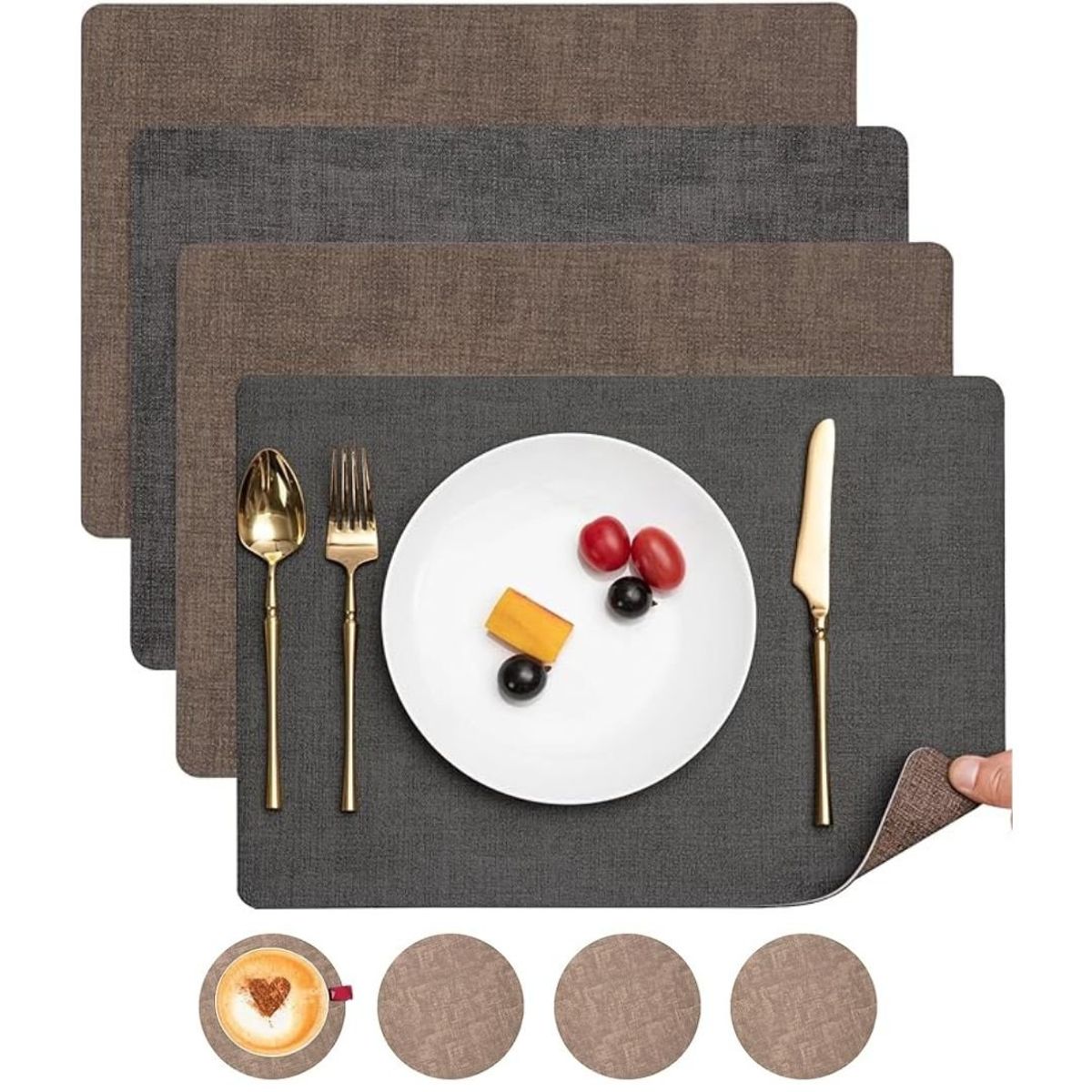 AZ AURAZEUS - Set 4 Individuales + 4 Posavasos Impermeables Antimanchas 2 en 1 AZ