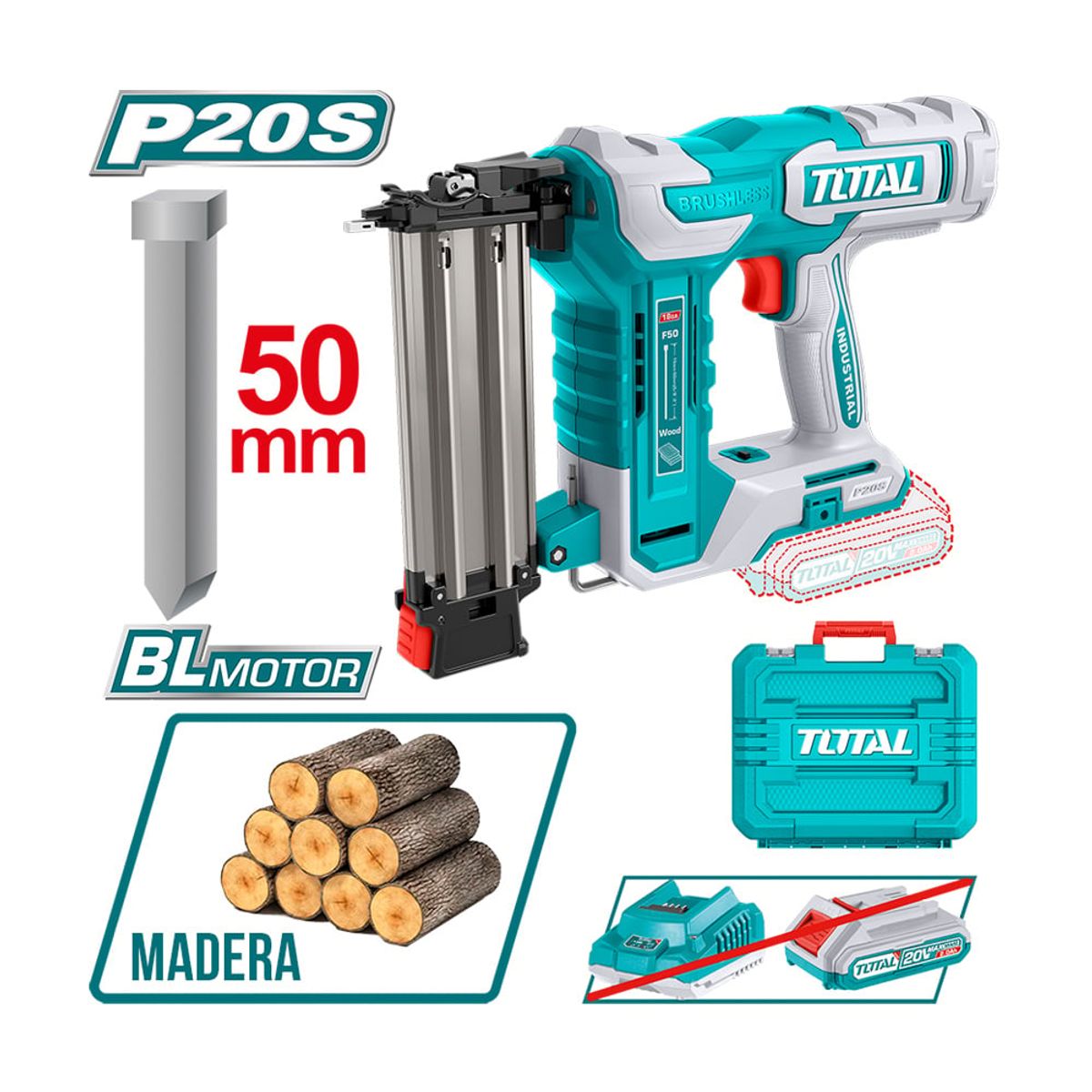 TOTAL TOOLS - Clavadora 20v Brushless + 1000 Clavos + 2 Accesorios TOTAL