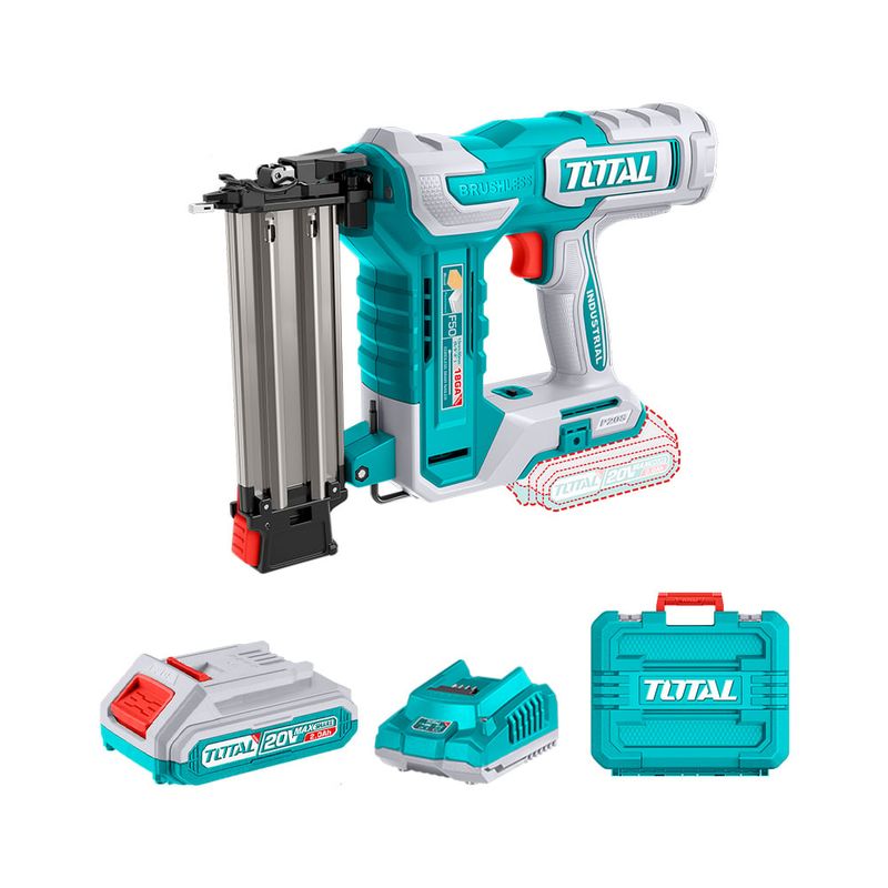 TOTAL TOOLS - Clavadora 20v Brushless + Bat 2ah + Carg + 1000 Clavos + 2 Acc TOTAL