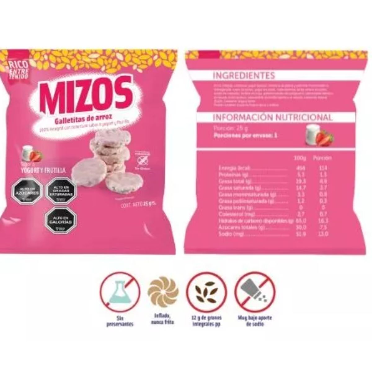 MIZOS - 28 Snacks Integral Galletas De Arroz Mizos Yogurt Frutilla